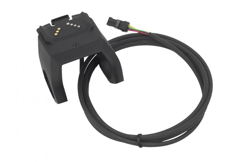 Schwarzer Bosch Displayhalter mit goldfarbenen Kontakten und 1500mm Kabel für Intuvia und Nyon E-Bike Displays.