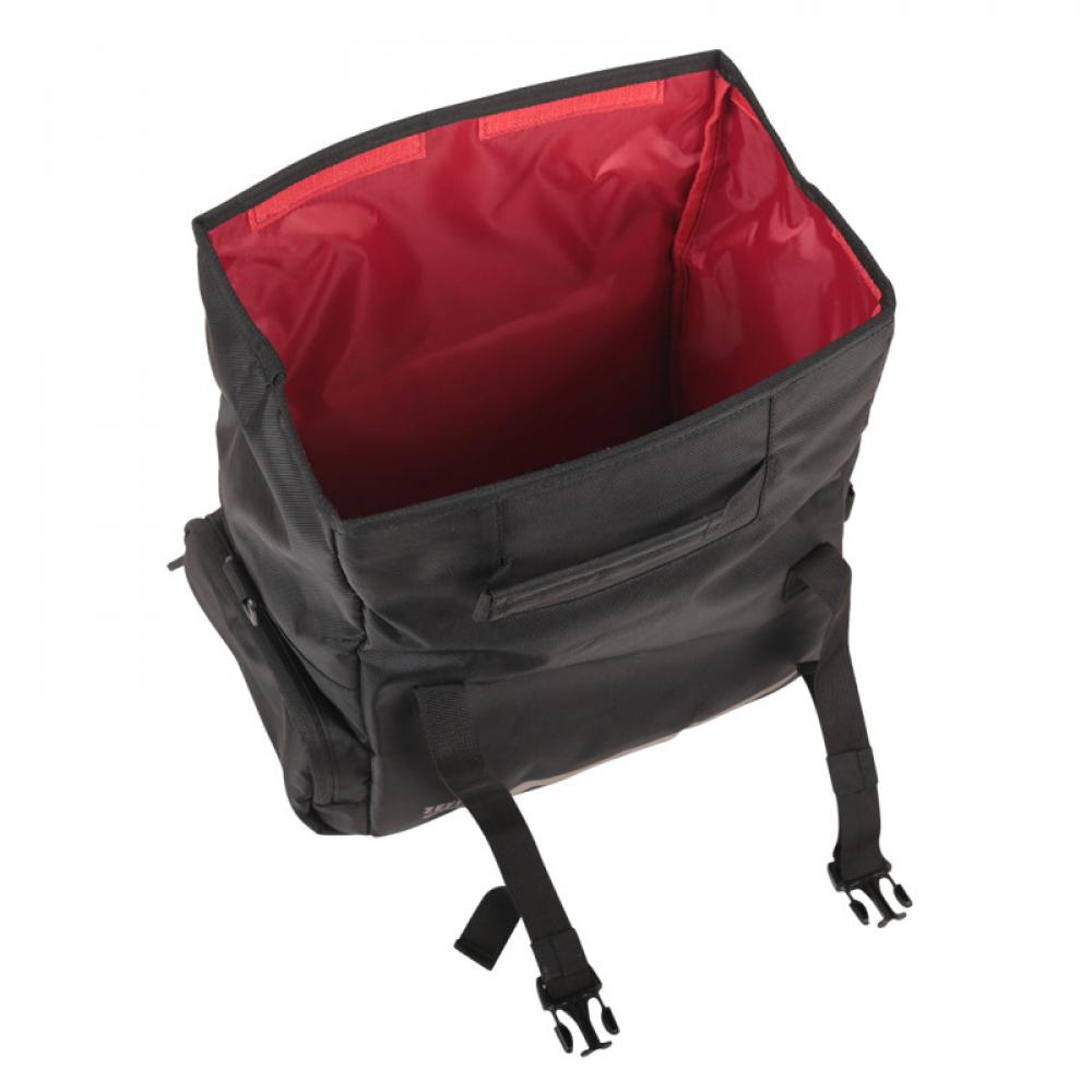 Zefal Z Travel 60 schwarze Fahrradtasche, 20 Liter Gepäckträgertasche offen mit rotem Innenfutter.