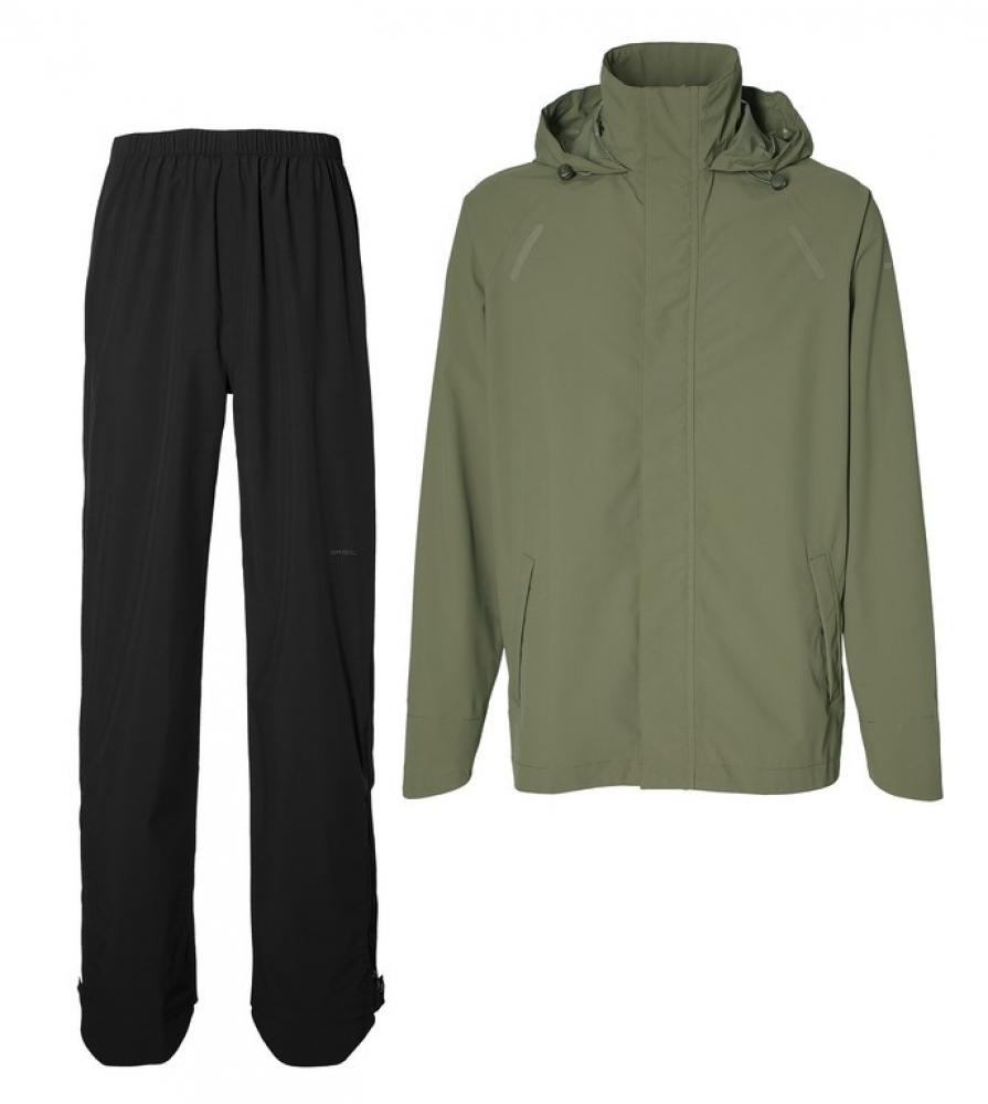 Basil Hoga Fahrrad Regenanzug: olivgrüne Jacke und schwarze Hose in Größe XXL.