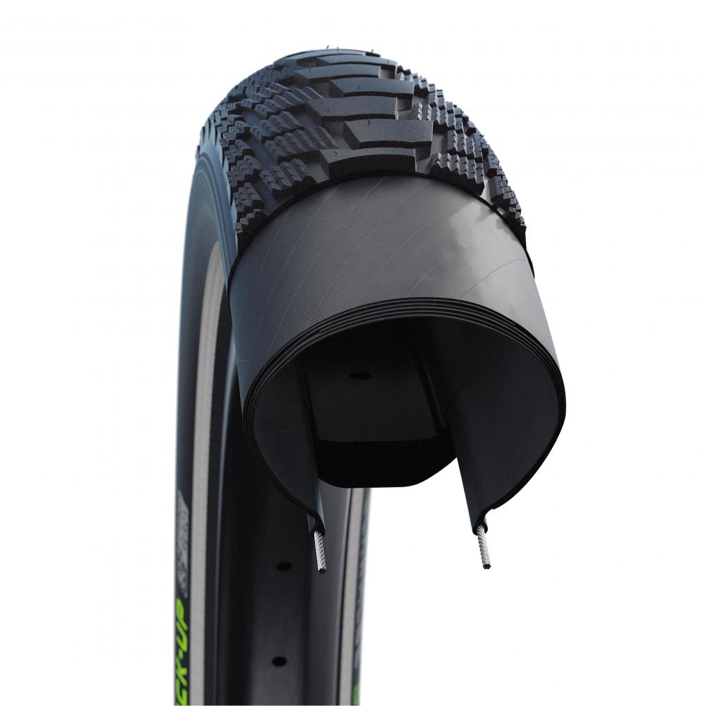 Schwalbe Pick-Up E-Cargo-Bike Drahtreifen (55-355) im Querschnitt, schwarz mit Reflexstreifen, pannensicher.