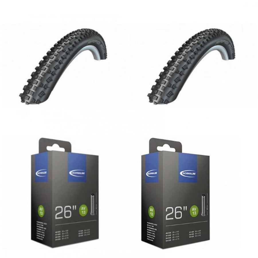 2x Schwalbe Rapid Rob HS425 26x2.10 Reifen und 2x Schwalbe AV13 Fahrradschläuche.