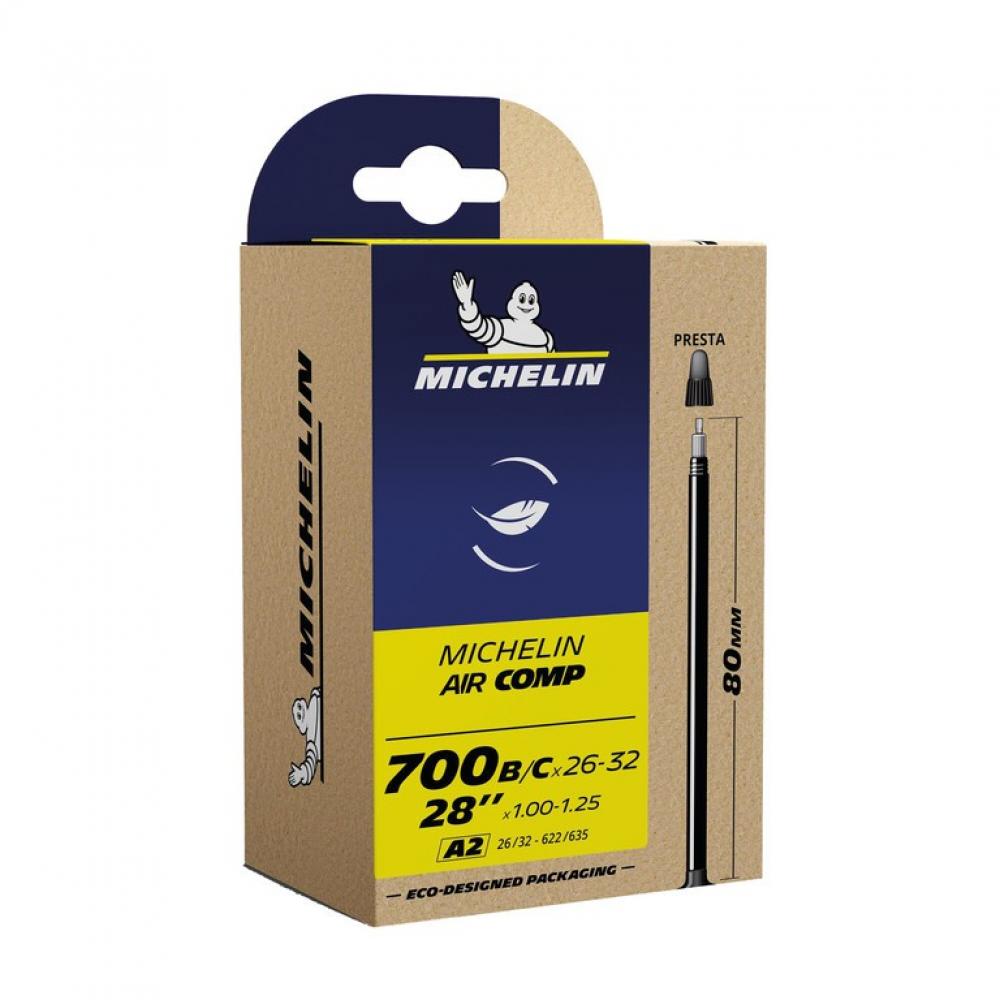 Michelin A2 Air Comp Fahrradschlauch 28 Zoll, 26/32-622/635, SV 80 mm Ventil in der Verpackung.