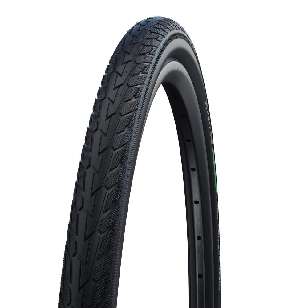 Schwalbe Road Cruiser 24x1.75 Reifen mit K-Guard, grünem Streifen und Profil auf weißem Hintergrund.