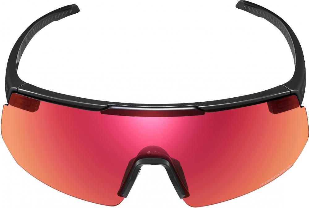 SHIMANO S-PHYRE 2 RIDESCAPE Road Sportbrille in Mattschwarz mit rot-orangen Gläsern.