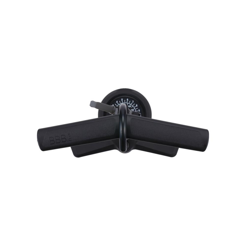 Kompakte BBB Cycling Standpumpe AirBoost BFP-28 in Schwarz mit Manometer und Griff aus der Vogelperspektive.