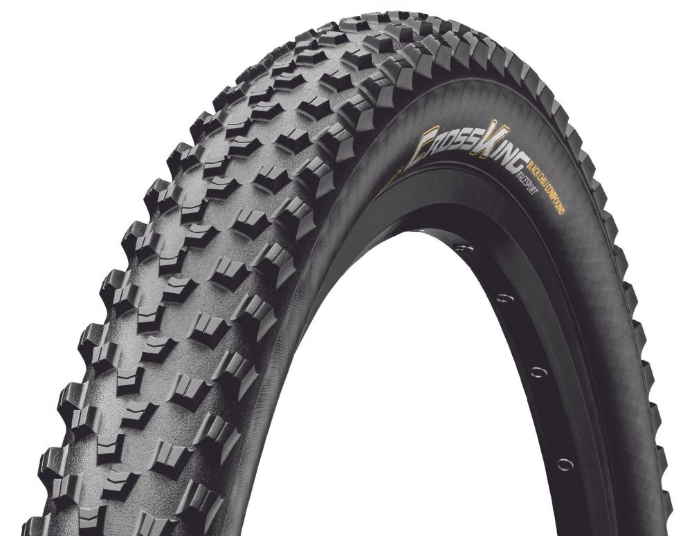 Schwarzer Continental Cross King 2.2 Performance MTB Reifen 27.5 Zoll E-25 mit markantem Profil.
