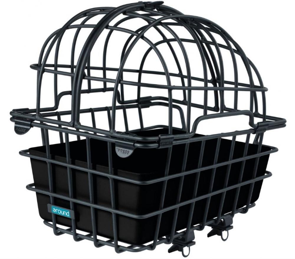 Schwarzer Around Hundekorb Luna aus Aluminium für Fahrrad, mit Gitteraufsatz, stabil & modern, für kleine Hunde.
