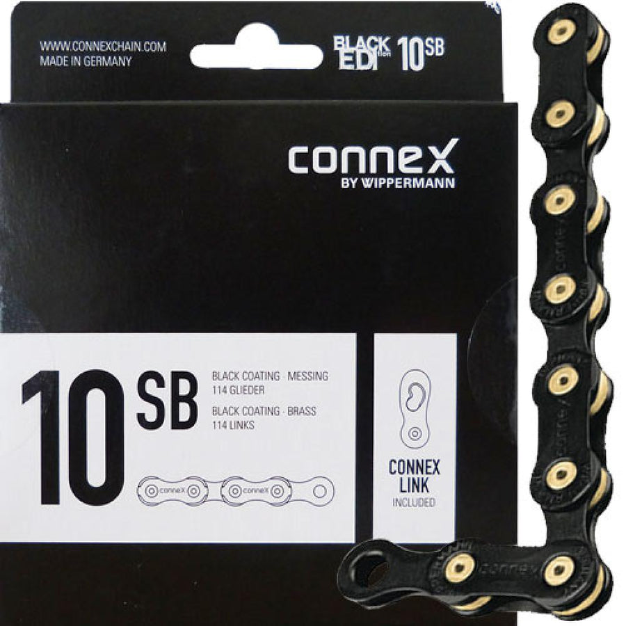 Connex Wippermann 10SB 10-fach Fahrradkette, schwarz/Messing, 114 Glieder, mit schwarzer Verpackung.