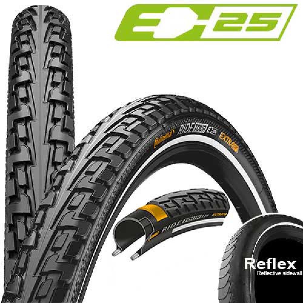 Continental RideTour Fahrradreifen mit Profil, Reflexstreifen, Pannenschutzschicht und E-25 Logo.