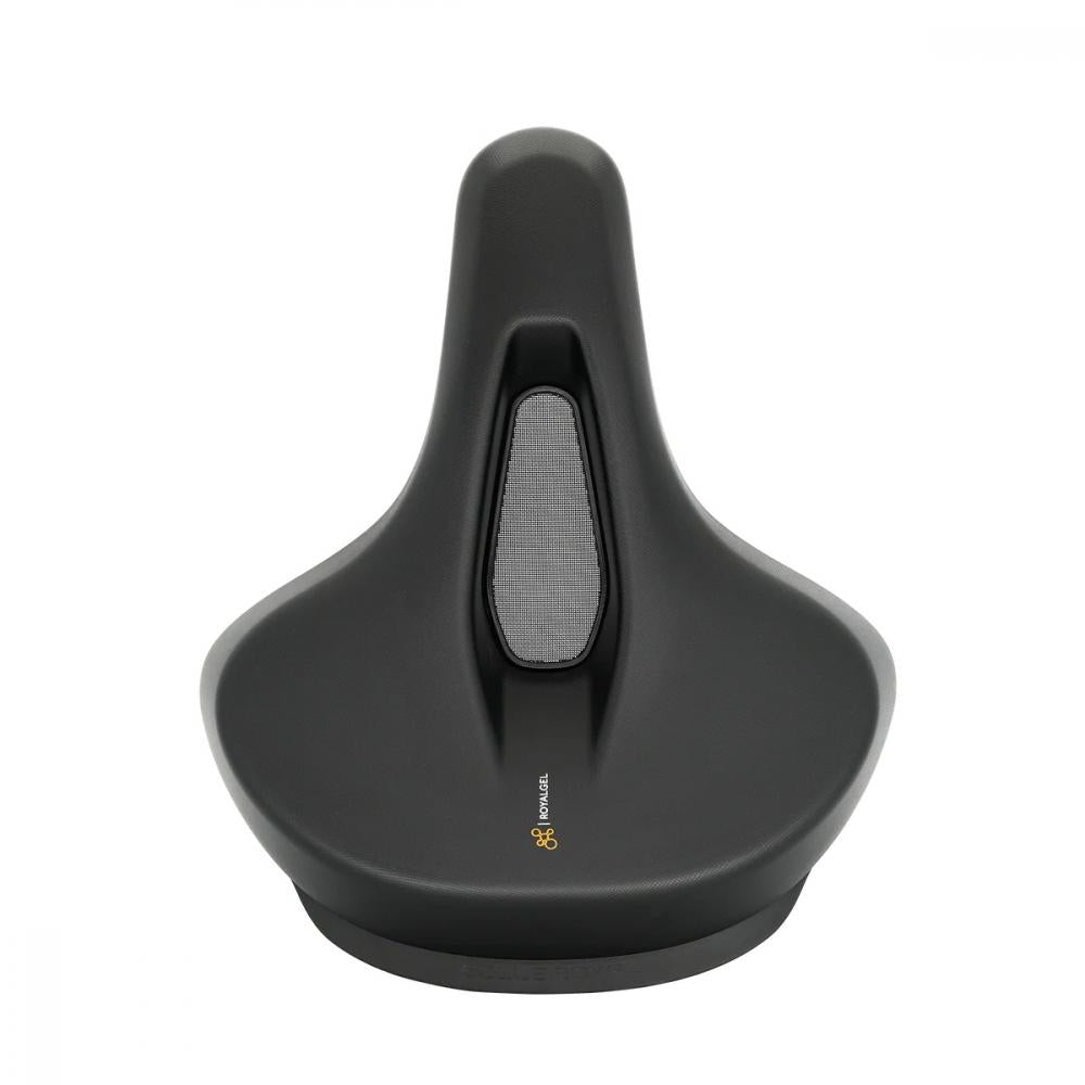 Schwarzer Selle Royal On Open Relaxed Unisex E-Bike Sattel mit Royalgel, ergonomischer Aussparung und flexiblen Seiten.