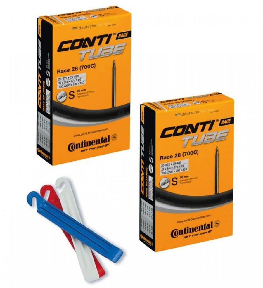 Zwei Conti Race 28 Zoll 700x20/25C Fahrradschläuche SV 80mm und Zefal Reifenheber Set blau weiß rot.