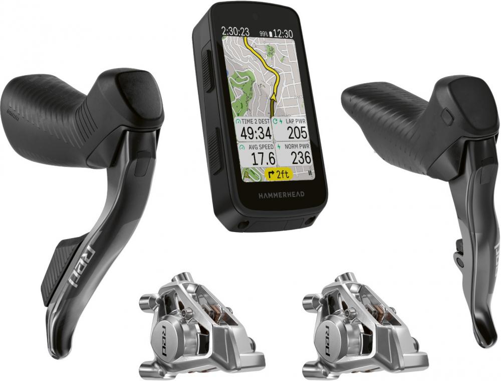 SRAM RED Schalt-/Bremshebel, Bremssättel und Hammerhead Karoo Fahrradcomputer auf weißem Hintergrund.