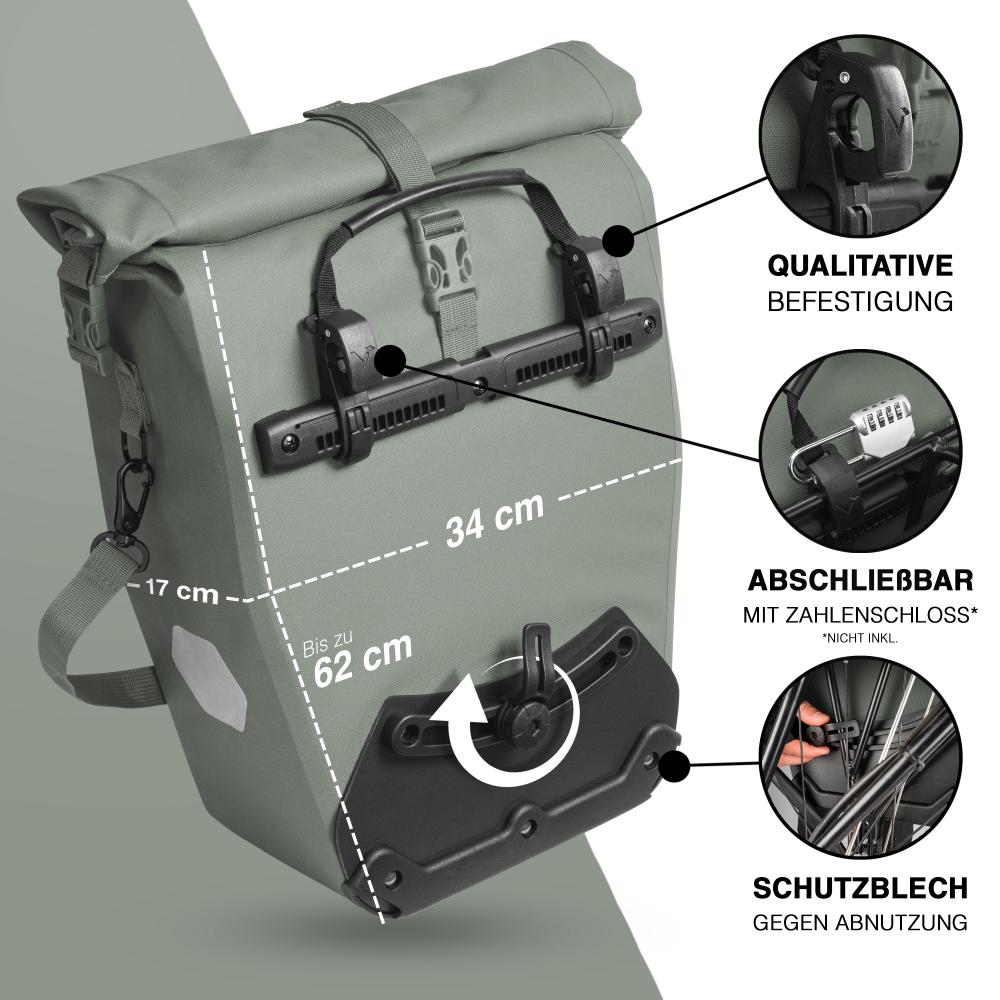 Valkental Gepäckträgertasche ValkOcean Seegras mit Maßen, Befestigung, Schloss-Option und Abnutzungsschutz.