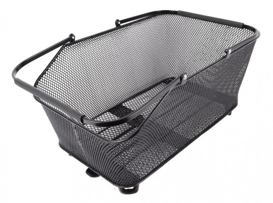 Schwarzer AtranVelo System Korb Daily L 28l 50x20x32cm aus engmaschigem Metall mit AVS Adapter und Tragegriffen.