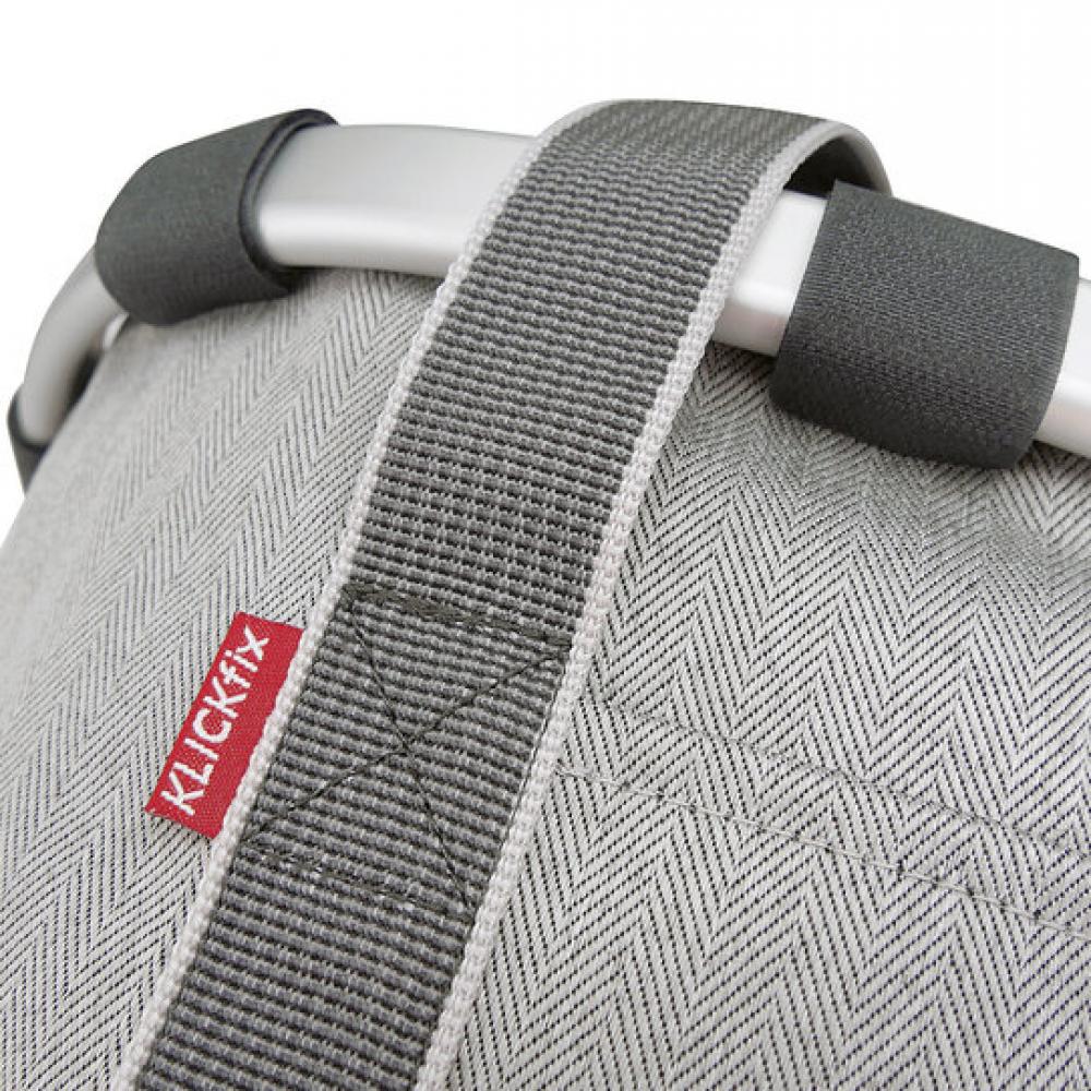 Reisenthel Ersatzbügel BIKEBASKET aus Aluminium, silberner Tragebügel an grauem Fahrradkorb mit KLICKfix-Gurt.