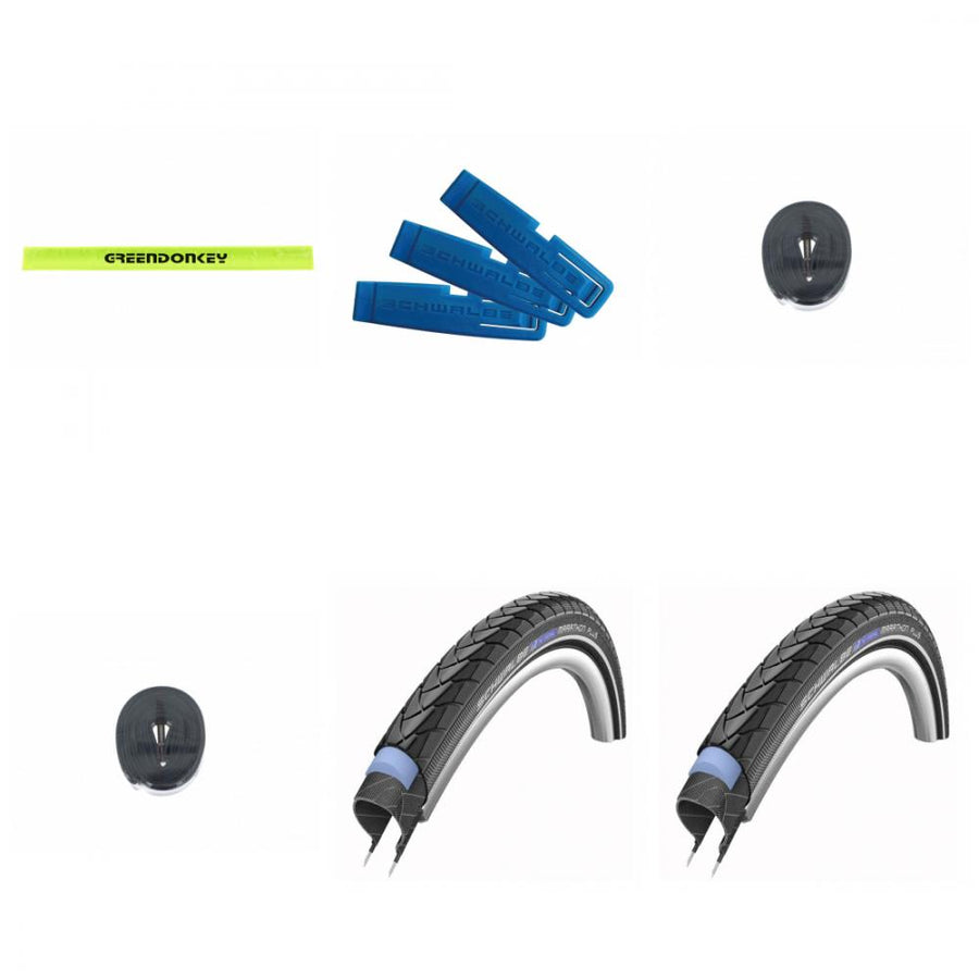 Schwalbe Marathon Plus 28x1.50 Reifen-Set mit 2 DV17 Schläuchen, Reifenhebern und GREENDONKEY Reflexband.