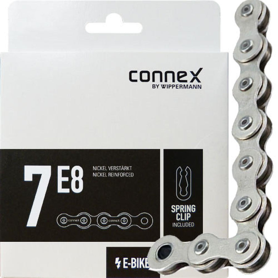 Connex 7-fach Kette 7E8 Nickel 124 Glieder für E-Bikes inklusive Federverschluss in Verpackung.
