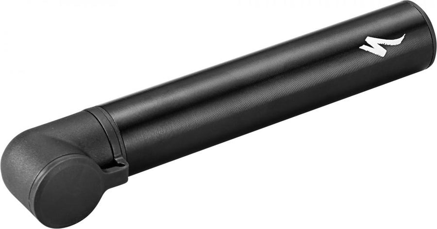Kompakte schwarze Specialized AIR TOOL MTB Mini Rahmenpumpe mit Halterung.