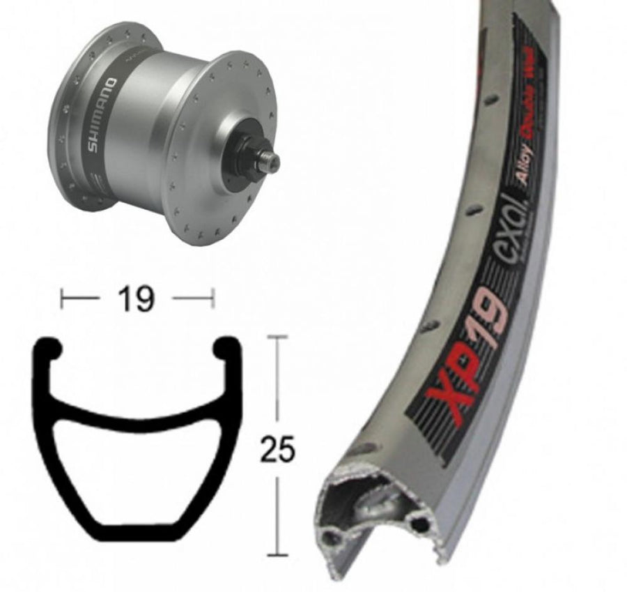 Bike-Parts Laufrad Vorderrad 28x1.75 Zoll Nabendynamo DH-C3003 silber Schnellspanner 36-Loch Exal XP-19 silber eloxiert Nirosta-Speichen