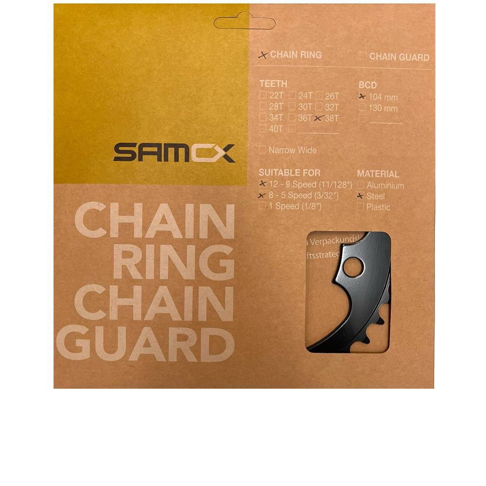 Samox E-Bike Kettenblatt 38 Zähne, 104mm Lochkreis, Stahl schwarz, 4-Arm, für Bosch Gen1/3 und Brose.