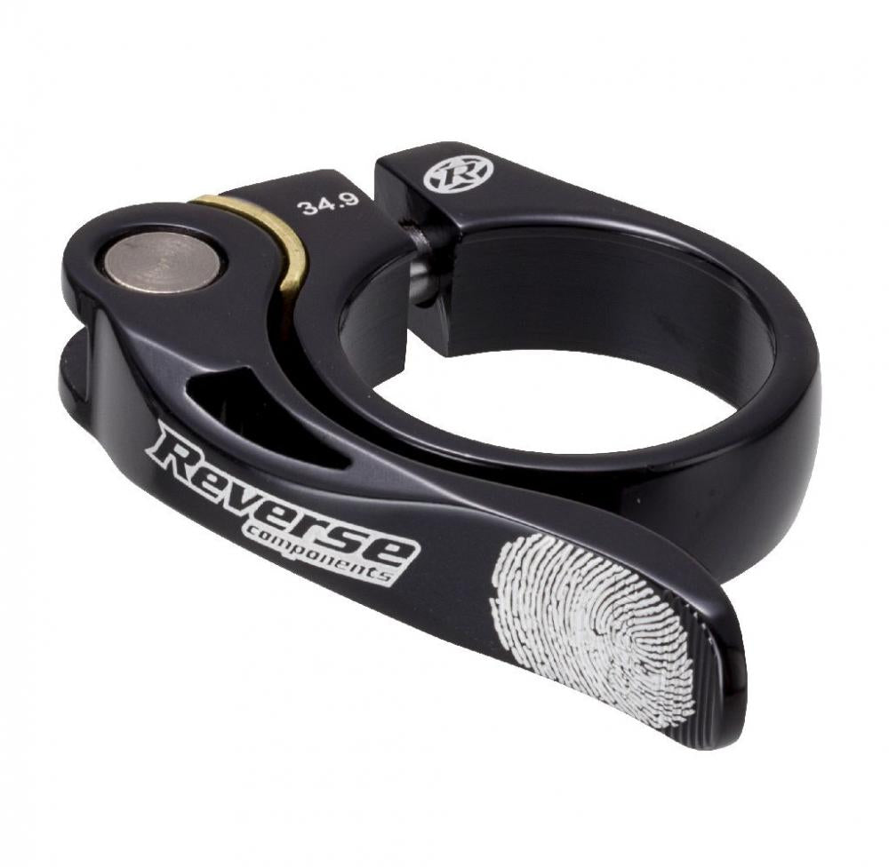 Schwarze Reverse Fahrrad-Sattelklemme 34,9 mm mit Schnellspanner und Fingerabdruck-Design auf dem Hebel.