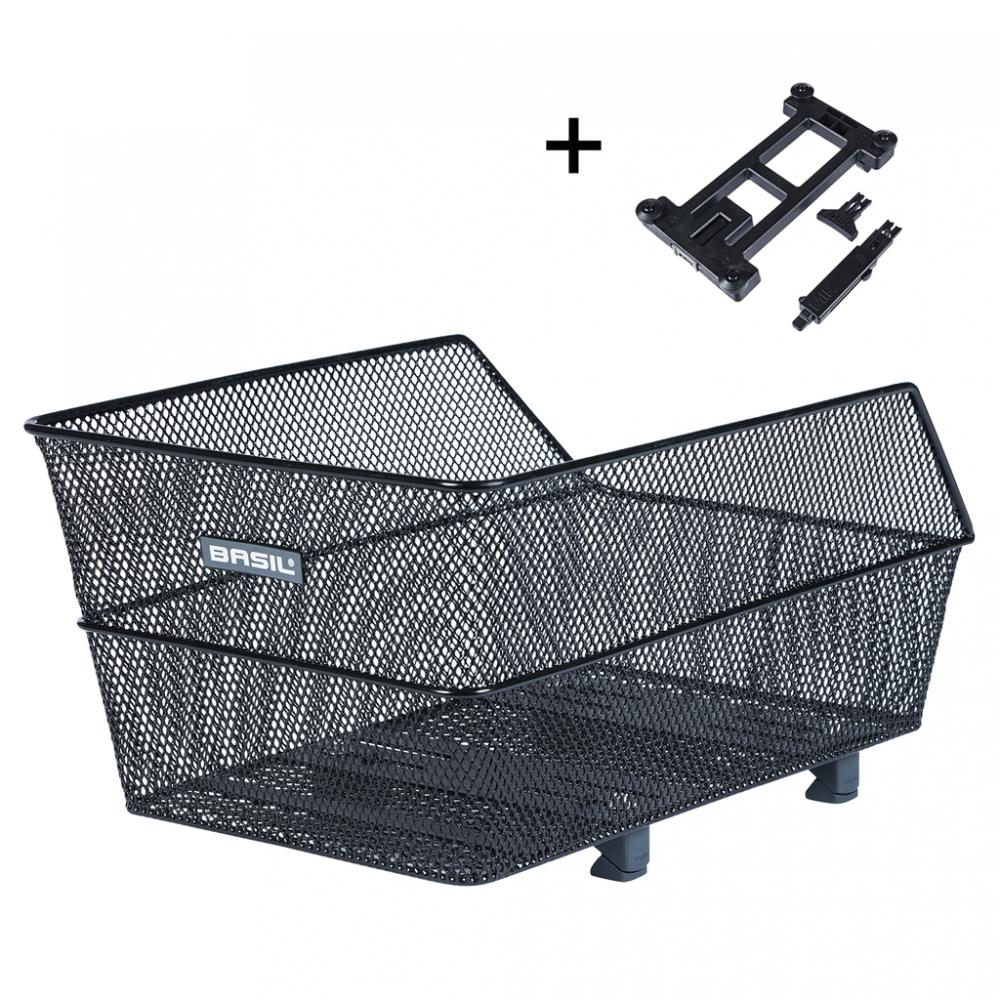Schwarzer Basil Cento Mesh-Stahlkorb für Fahrrad-Gepäckträger mit separatem WSL Befestigungssystem.