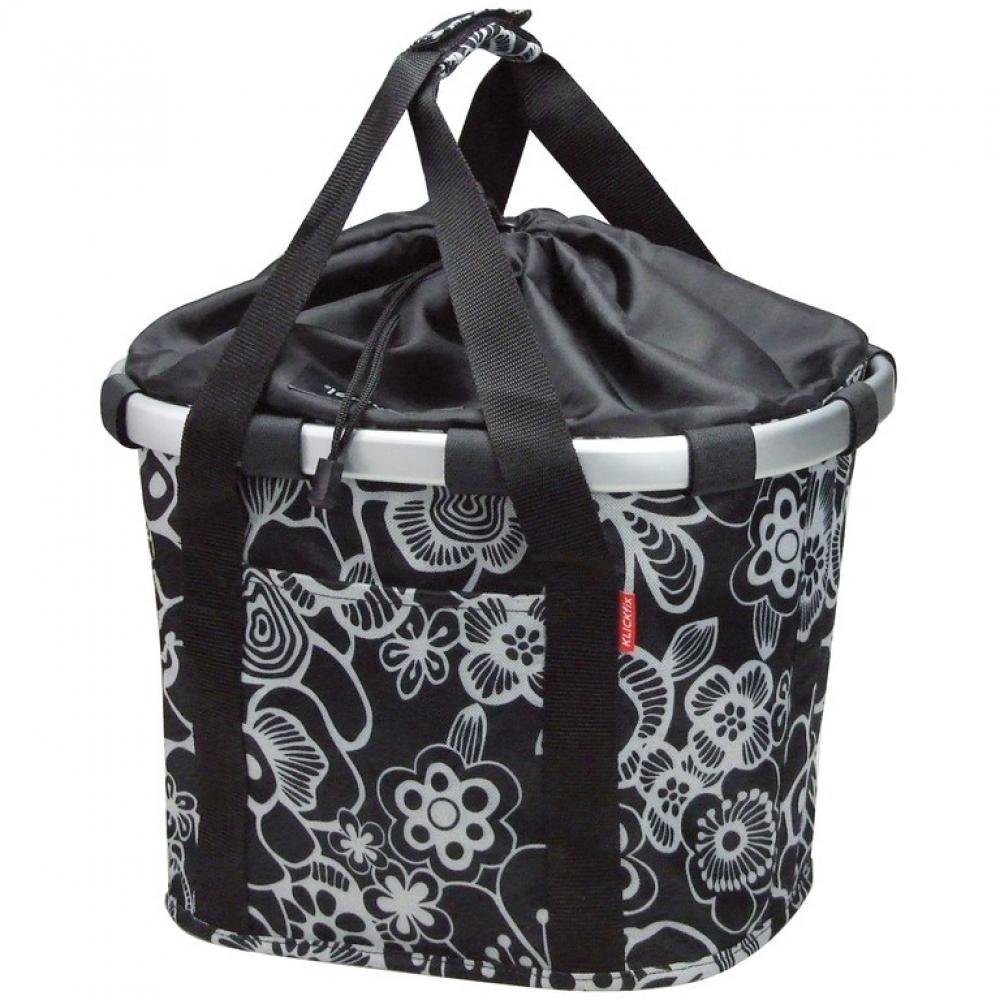 KLICKfix Reisenthel Fahrradkorb Bikebasket fleur schwarz mit weißem Blumenmuster und Zugverschluss.