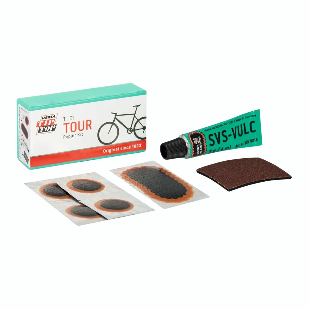 Rema Tip Top TT01 Tour Fahrrad Reparaturset mit Flicken, Kleber und Schmirgelpapier.