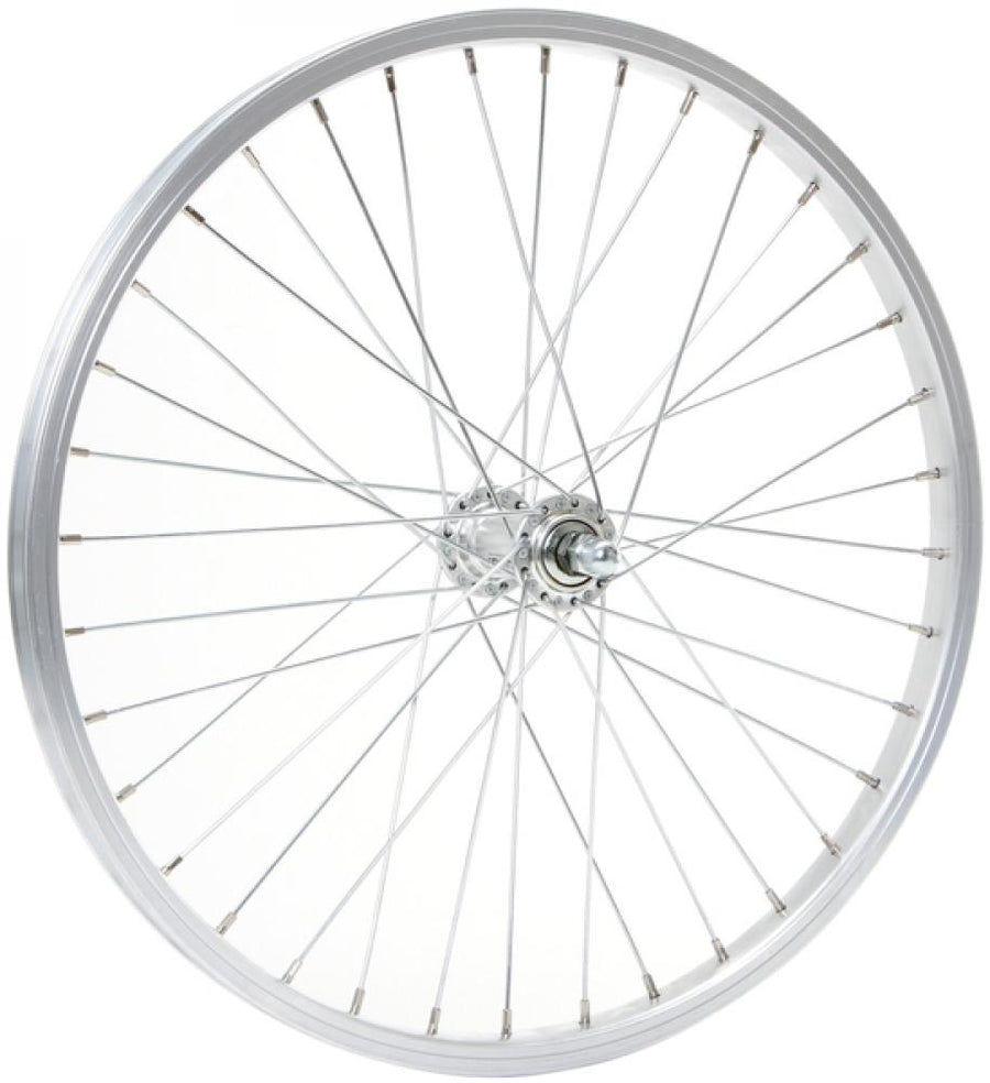 CONTEC Vorderrad "Alu Sport + Quando KT-A16F"nFelge: SCHÜRMANN Alu-Kasten "Alu Sport", 20", 19-406, Höhe: 14 mm, 36 Loch, AV/DV Ventil, mit silberner Bremsflanke, keine Ösen, silber (0.349.204/8)nNabe: QUANDO Vorderradnabe "KT-A16F", 36 Loch, Vollachse, 1