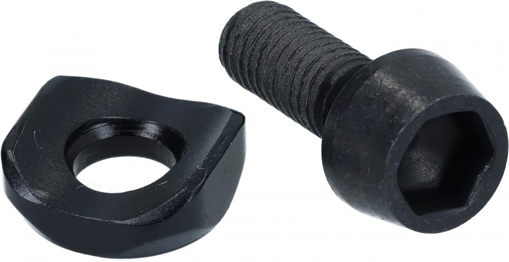 Schwarze SHIMANO Klemmschraube FD-R9250 und zugehöriges Klemmteil für Fahrrad-Umwerfer.