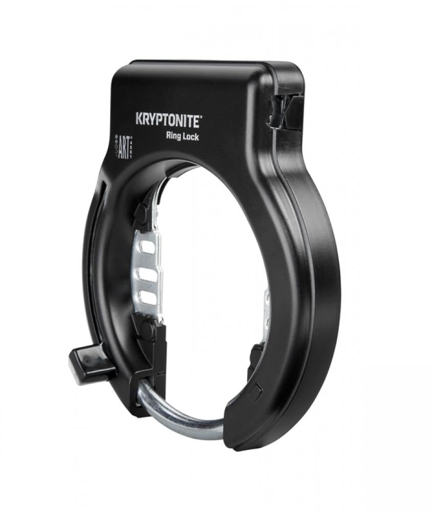 Schwarzes Kryptonite Ring Lock Rahmenschloss mit flexibler Rahmenhalterung für Fahrräder.