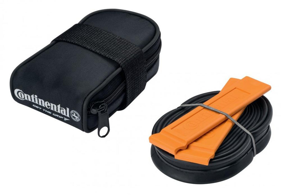 Continental Satteltasche MTB 26 S42 mit schwarzem Ersatzschlauch und 2 orange Reifenhebern auf weißem Hintergrund.