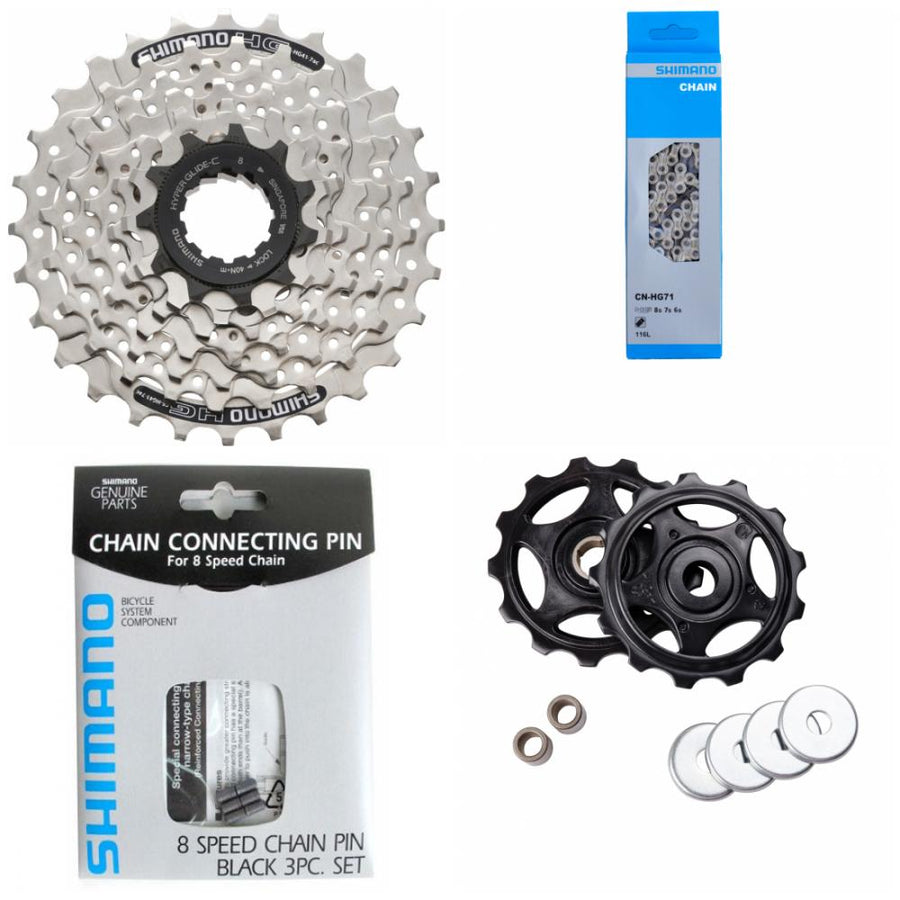 Shimano Fahrrad Antriebsset: ACERA CS-HG41 7-fach Kassette, Kette, Kettenstifte und Schaltwerkröllchen.