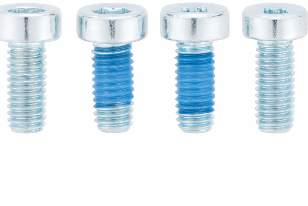 Vier SRAM Torx Zylinderkopfschrauben für Bremstrommel, zwei mit blauer Schraubensicherung.