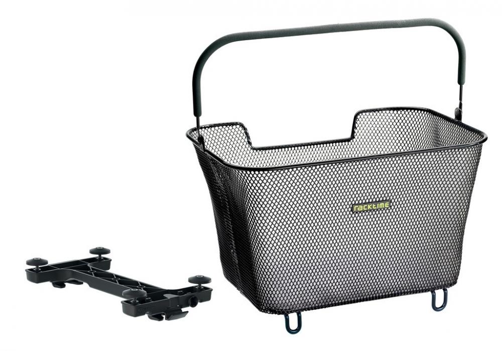 Schwarzer Racktime Bask-it 2.0 Fahrradkorb mit Griff und Befestigungsadapter, 23 Liter Volumen.