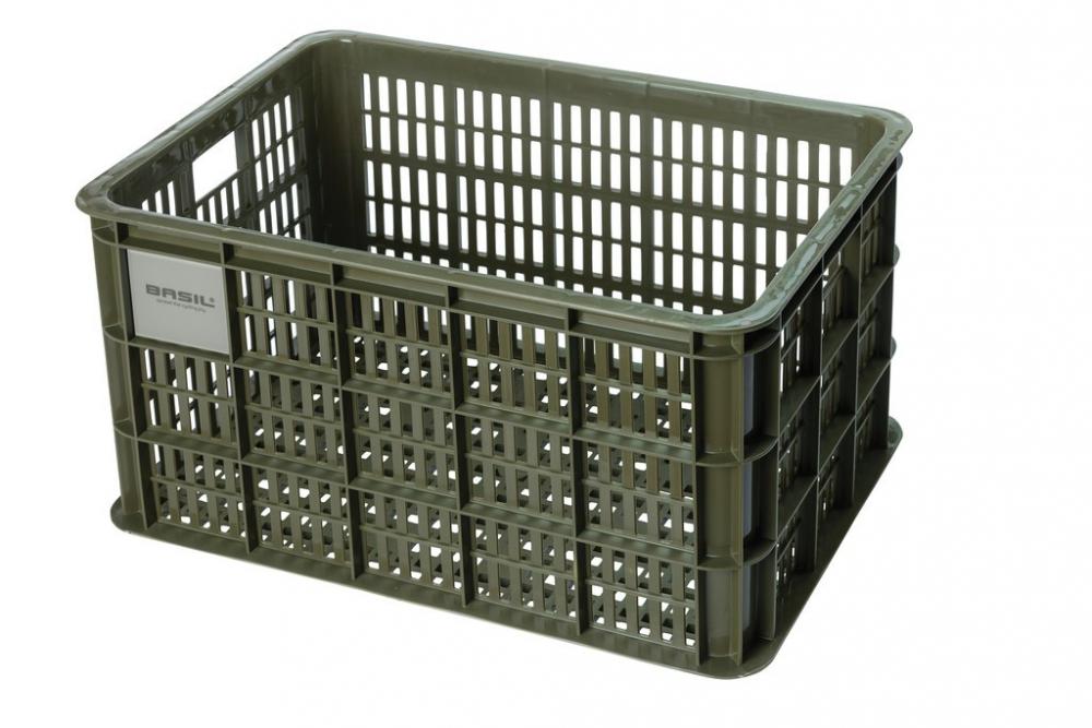Moosgrüne Basil Crate L Fahrradkiste 40L aus recyceltem Kunststoff für Einkäufe und Alltag, MIK-kompatibel.