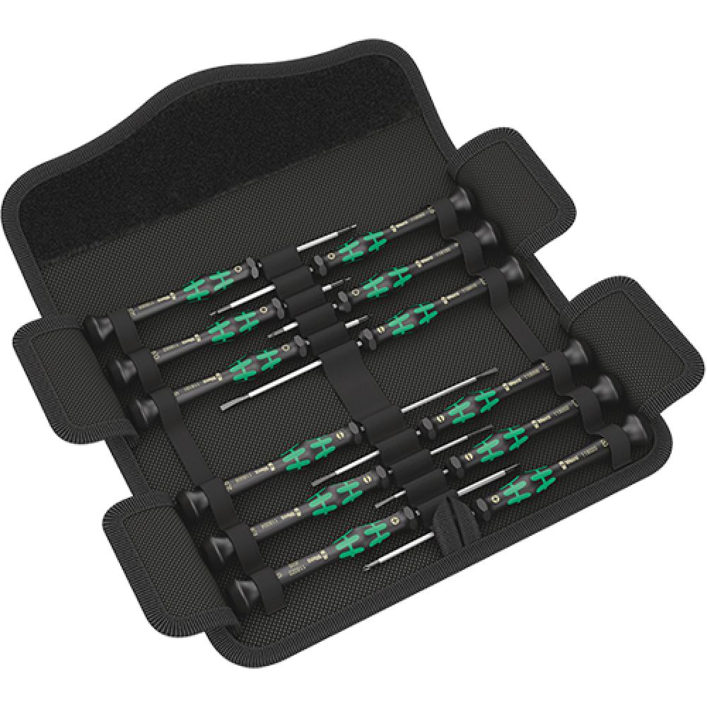 Wera Kraftform Micro 12 Universal 1 Schraubendreher 12-teilig in offener schwarzer Werkzeugtasche präsentiert.