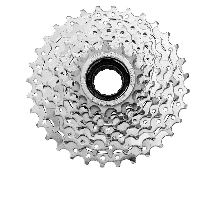 Silberner SunRace 9-fach 13-32Z Schraubkranz für E-Bikes mit Fluid Drive Plus.