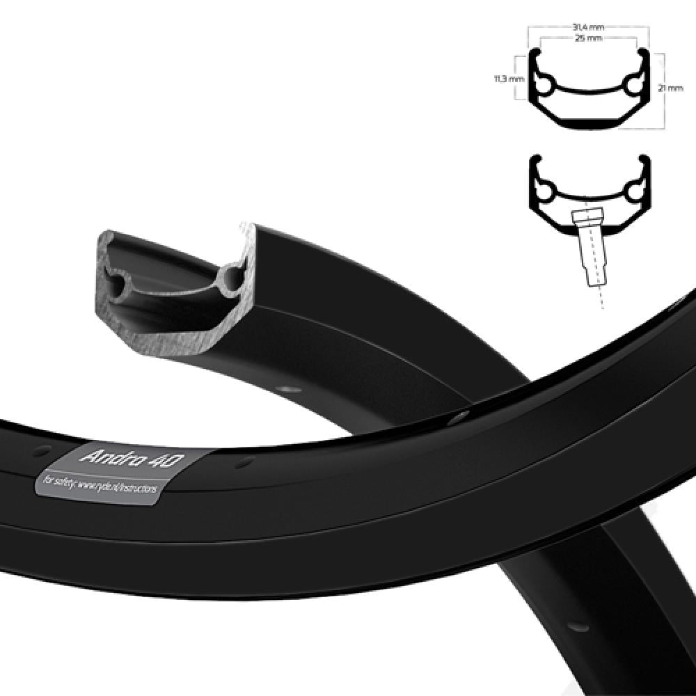 Ryde Andra 40 schwarze 25-622 Disc Fahrradfelge mit 36 Loch, inklusive Profilschnitt und technischen Maßen.