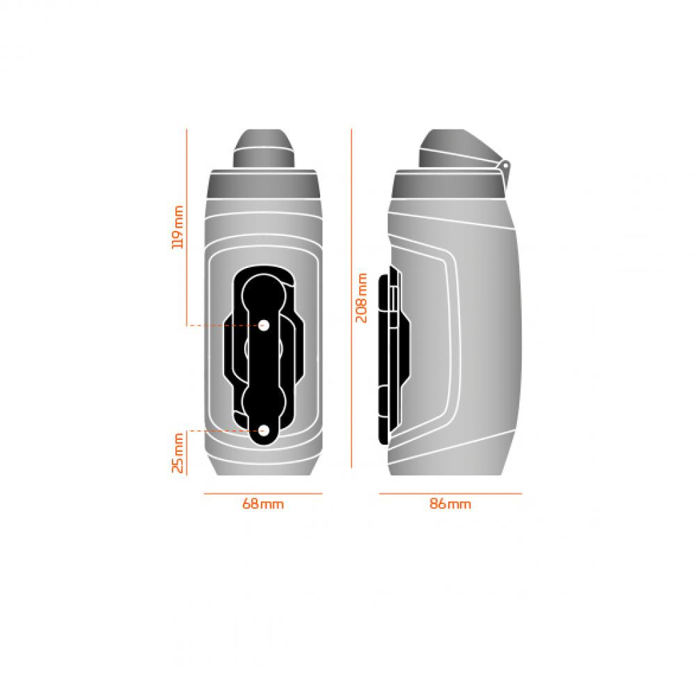 Fidlock TWIST Bottle 590 ml mit Bike Base, technische Zeichnung mit Maßen und magnetischem Haltersystem.