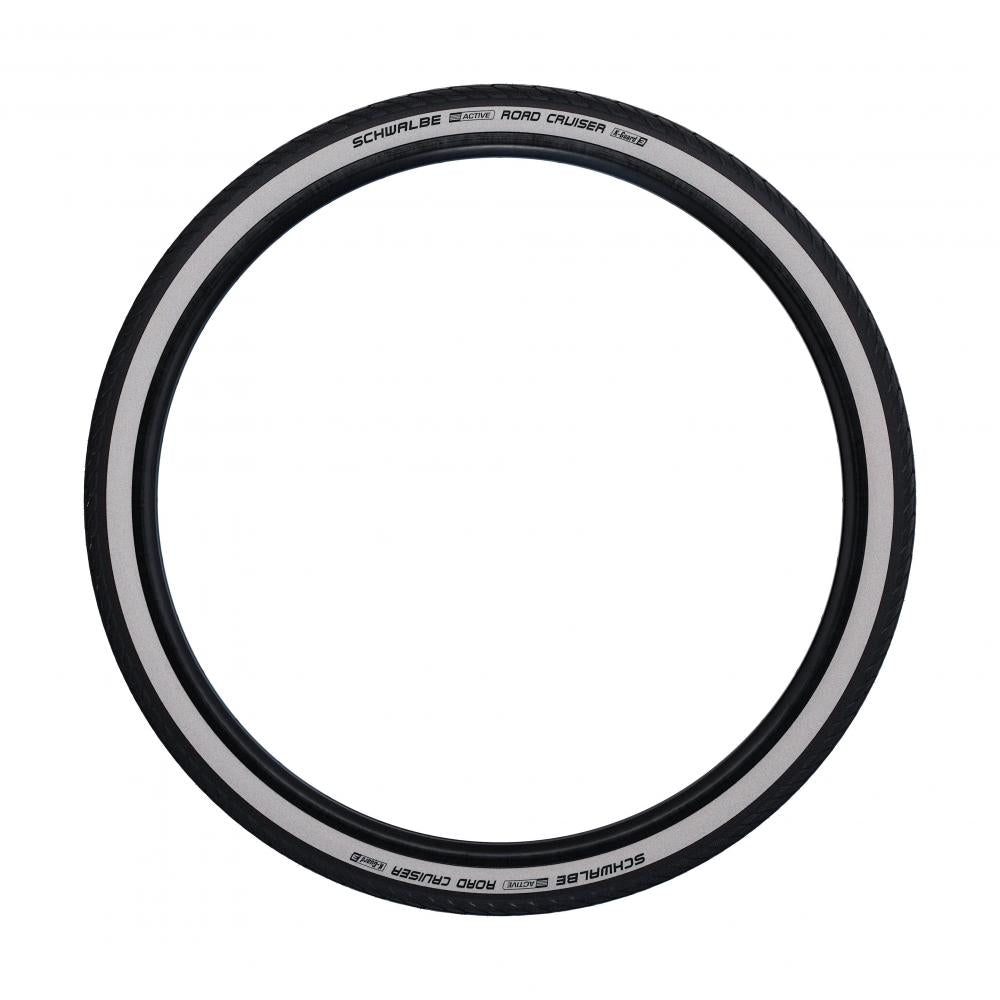Schwalbe Road Cruiser 20x1.75 Zoll Reifen in Schwarz mit weißer Seitenwand und K-Guard Pannenschutz.