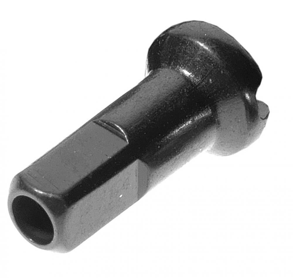 Detailaufnahme eines schwarzen DT SWISS Fahrrad Speichennippels M 2x12mm mit Rundkopf.