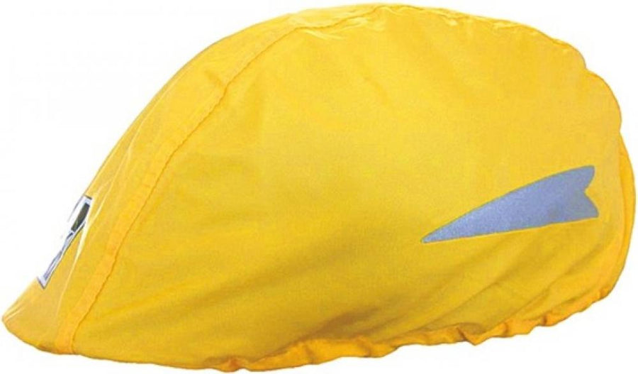 Gelbe Hock Regenschutzhaube für Fahrradhelm mit reflektierendem Detail.