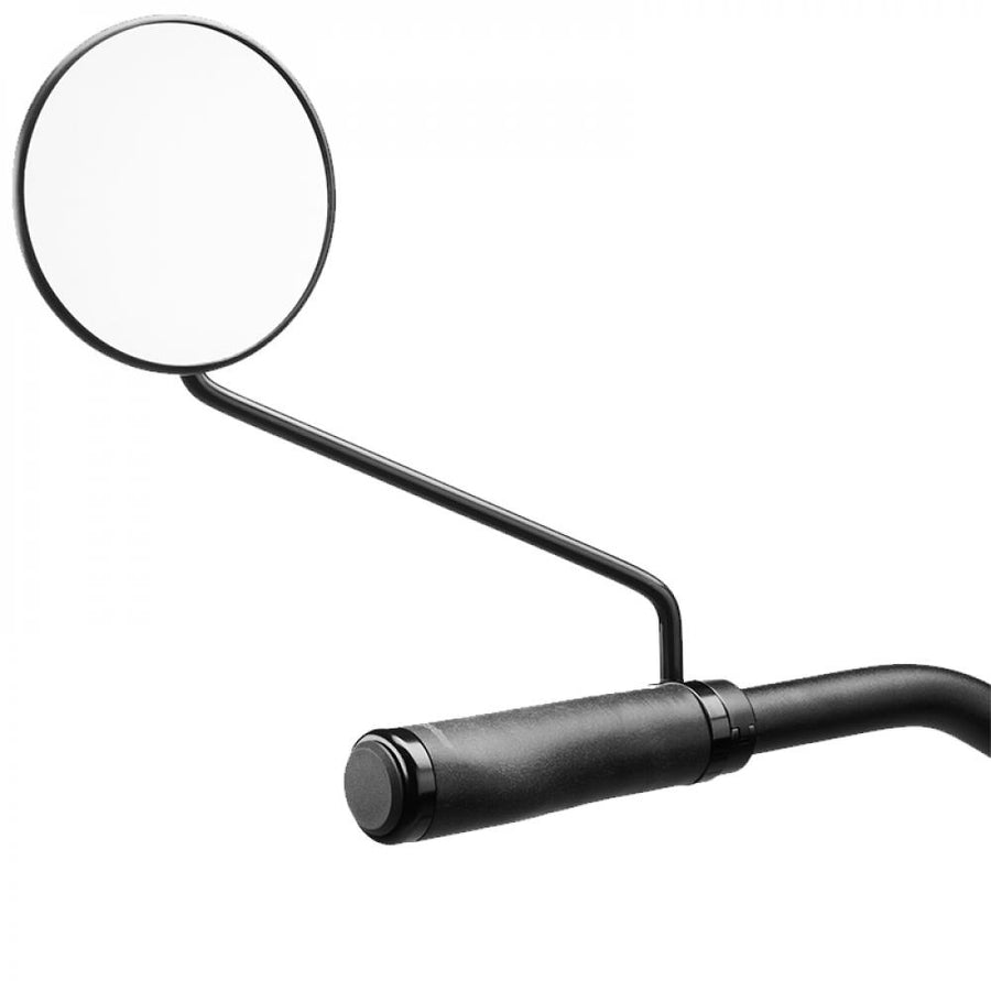 Schwarzer Ergotec M-55L Fahrradspiegel aus Stahl, links am Lenker montiert.
