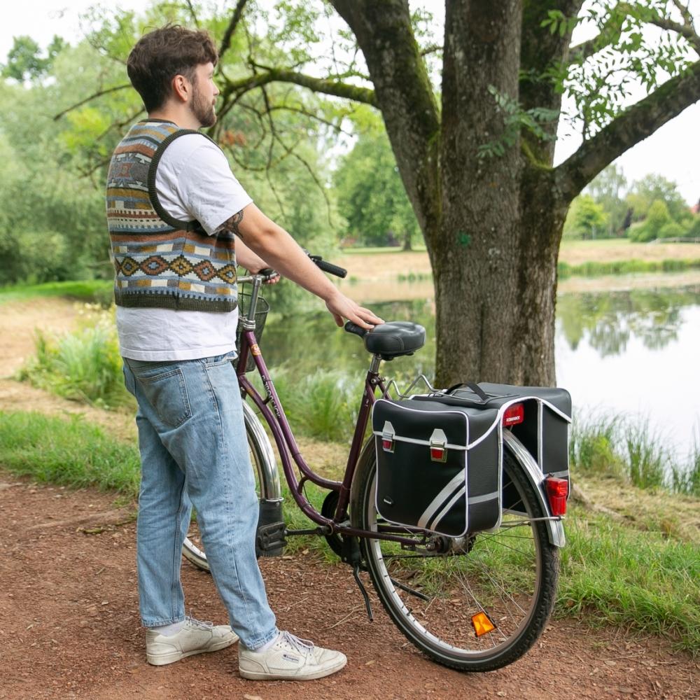 Haberland Doppeltasche Kunstleder 25l Retro schwarz/weiß - stilvolle Gepäckträgertasche
