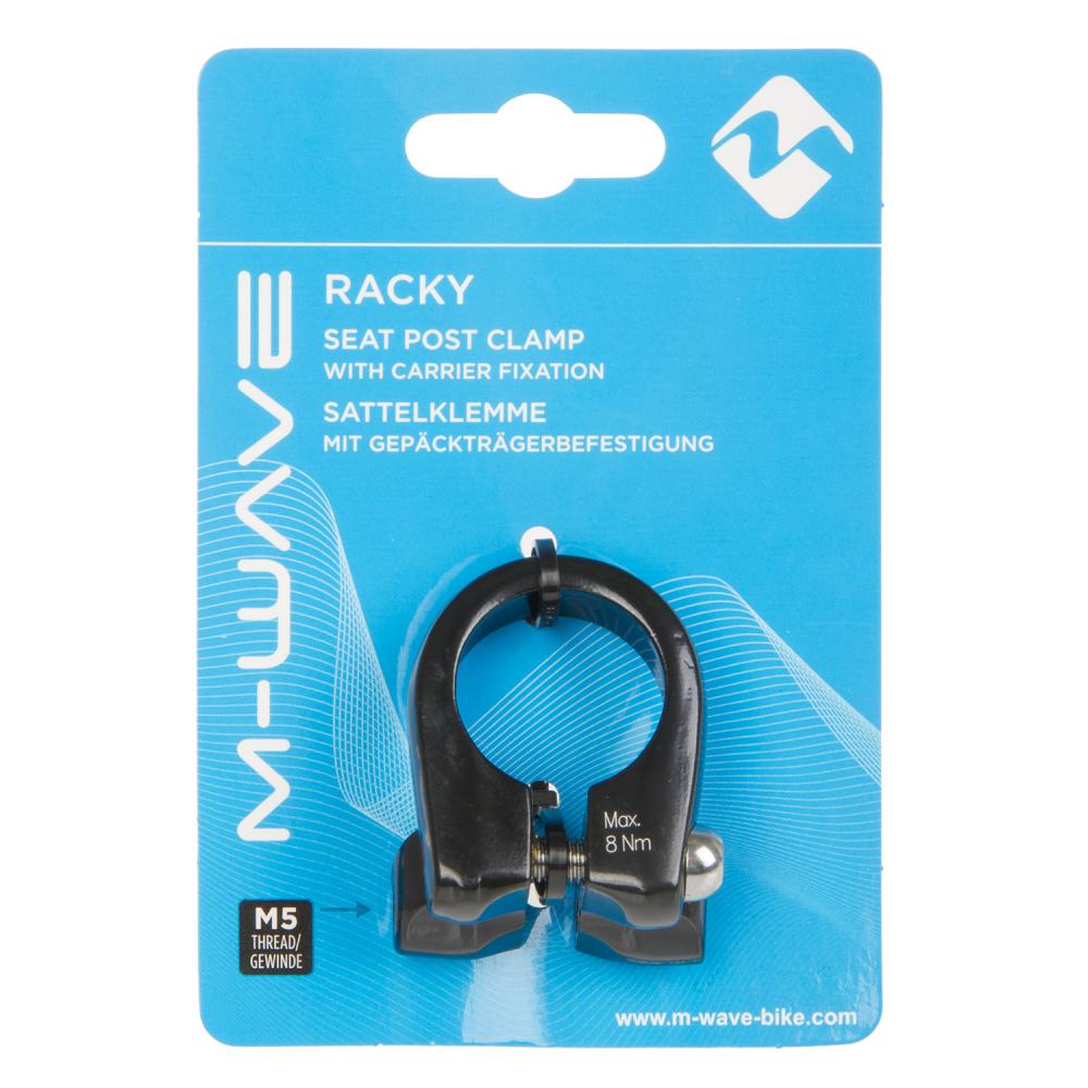 M-Wave Racky Sattelklemme 31,8 mm Alu schwarz mit M5-Gewindeösen für Gepäckträger in der Produktverpackung.