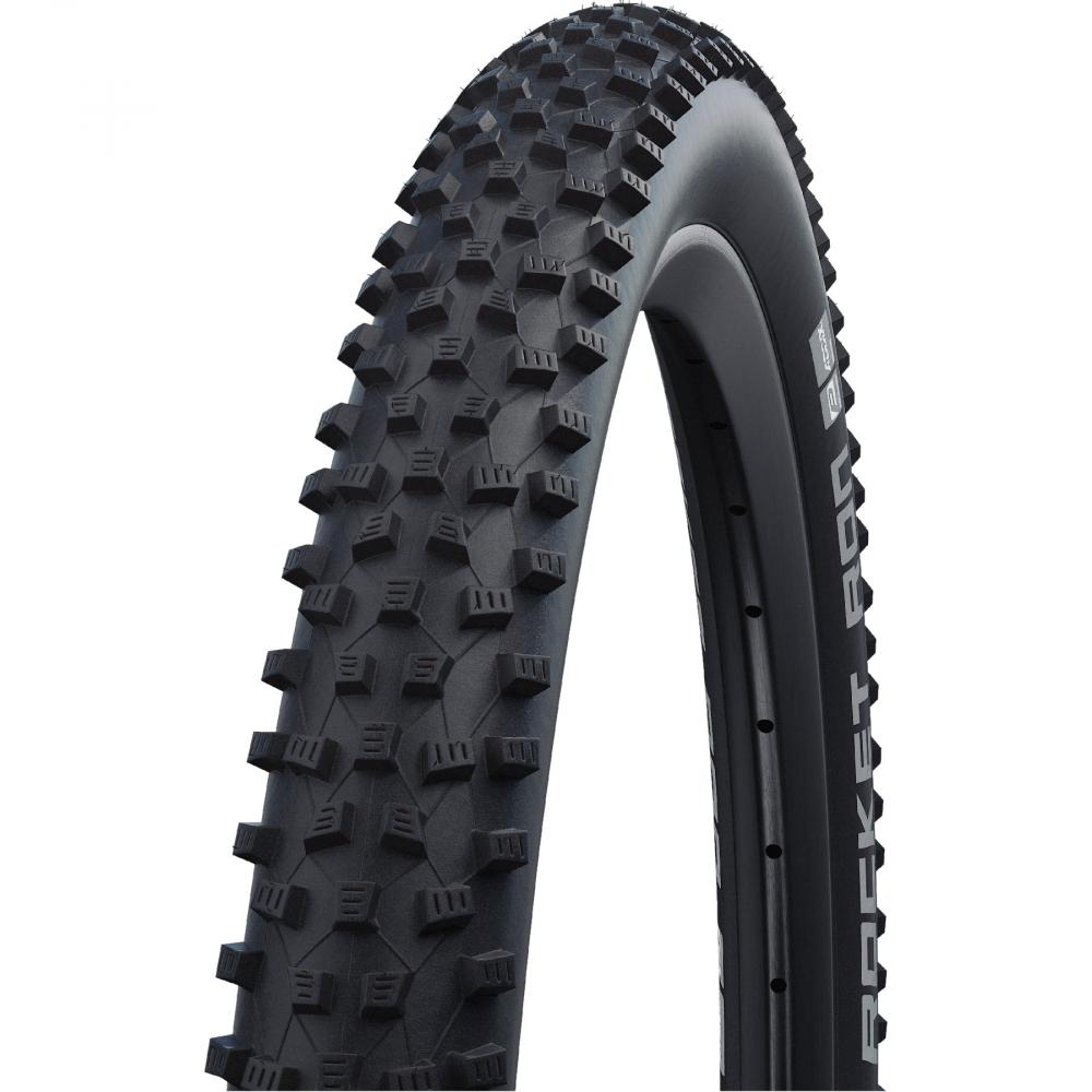 Schwarzer Schwalbe ROCKET RON 26x2.10 ADDIX Performance E-25 Faltreifen für Mountainbikes, mit griffigem Profil.