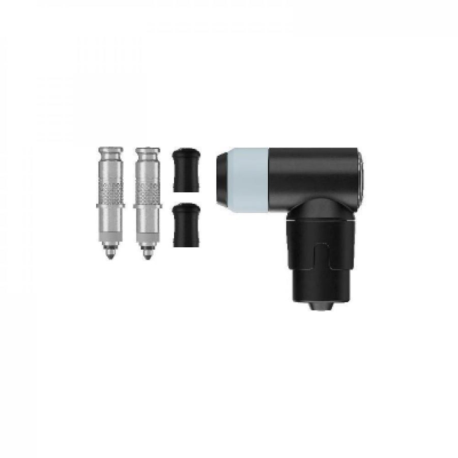 Schwalbe CLIK VALVE DV-SCV Umrüstkit: zwei Dunlop-Ventile, Kappen und Winkel-Pumpenkopf für Ventilwechsel.