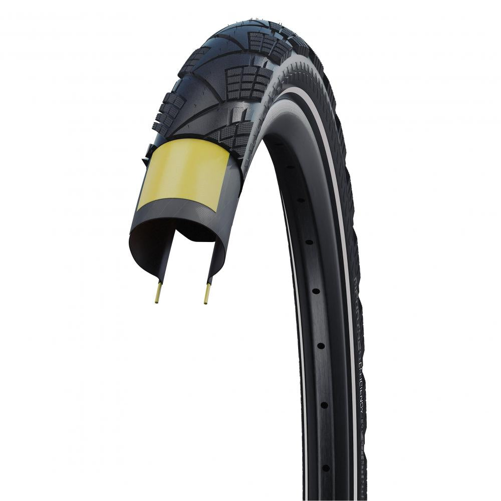 Schwalbe Marathon Efficiency Faltreifen 27.5x2.35 E-50 mit Pannenschutz und Reflexstreifen, Schnittbild auf Felge.