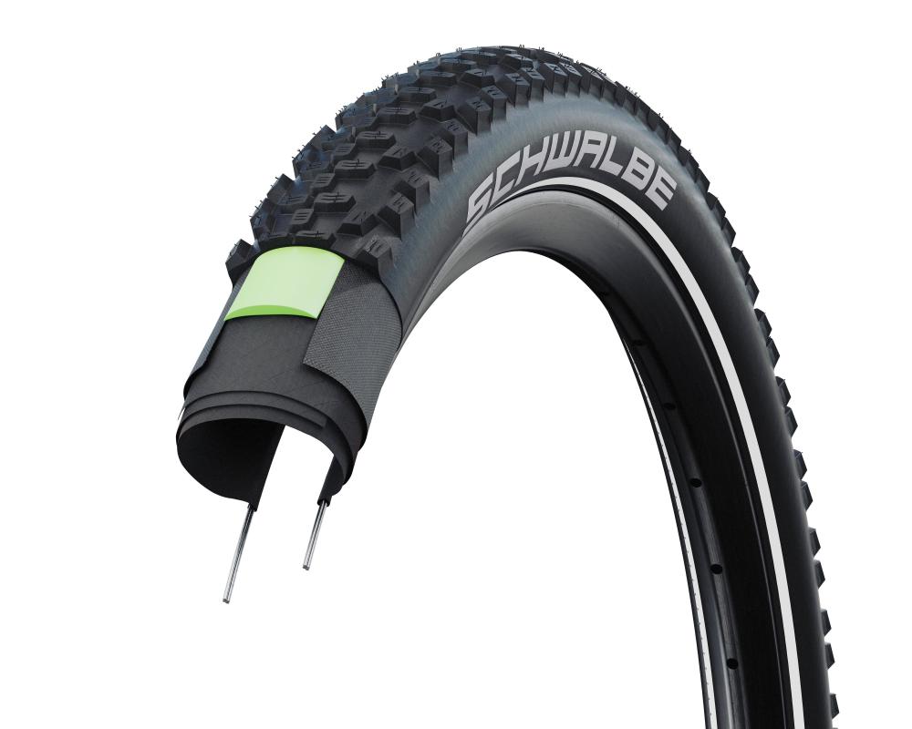 Schwalbe Smart Sam Plus Performance E-MTB Reifen, 27,5 Zoll, pannensicher mit Reflex und Schnittansicht.